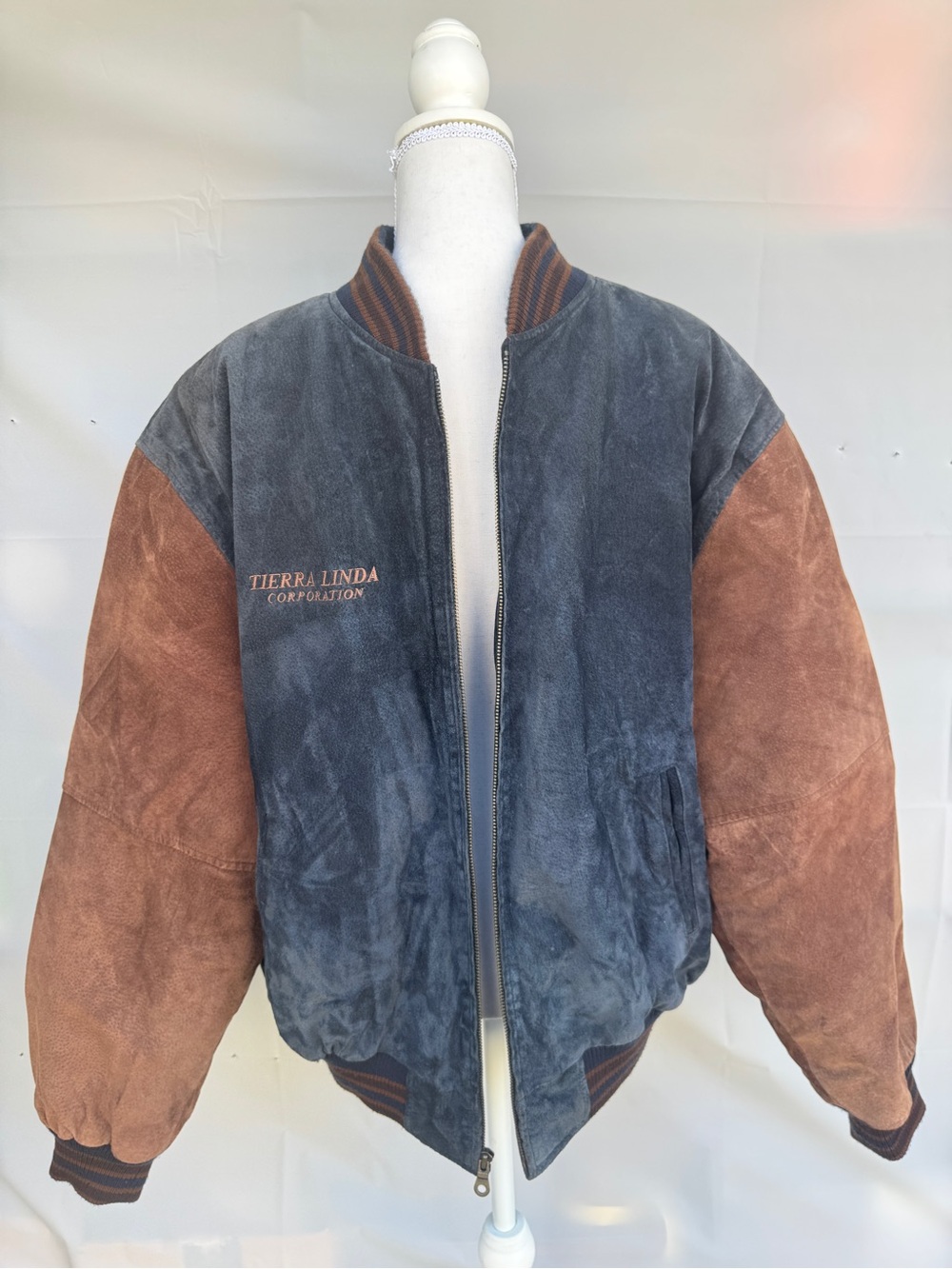 Varsity Blue & Brown Suede Bomber Jacket by Varsity